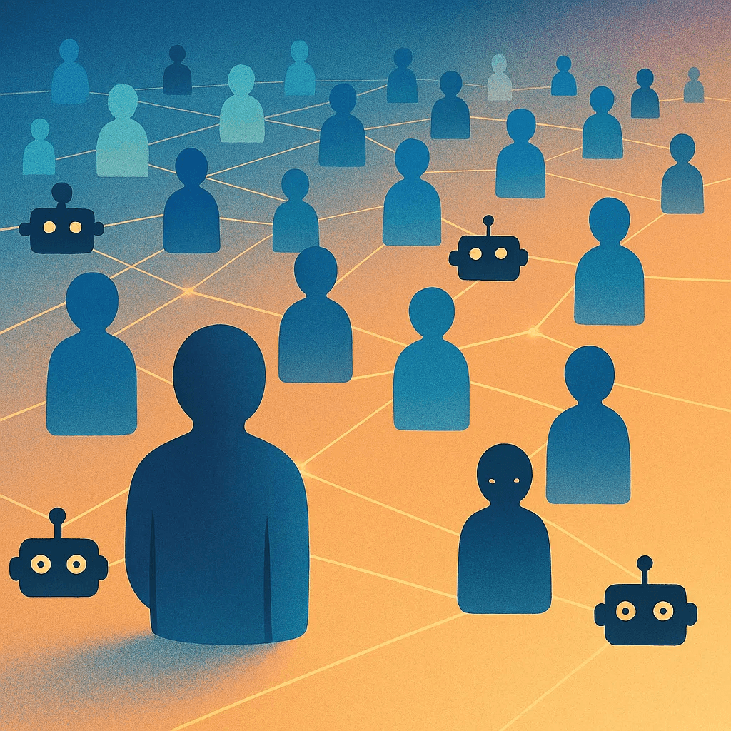 Illustration of AI agents communicating across the web